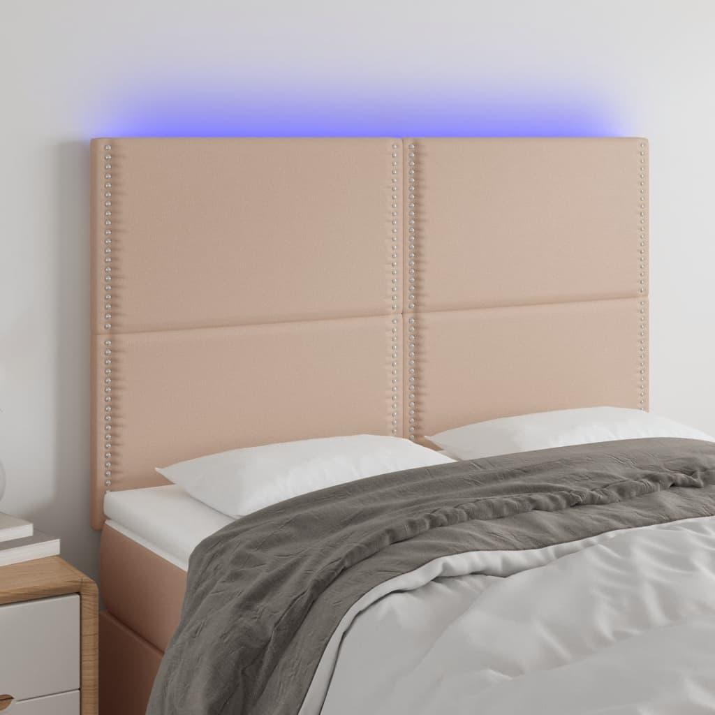 Sengegavl med LED-lys 144x5x118/128 cm kunstlæder cappuccino