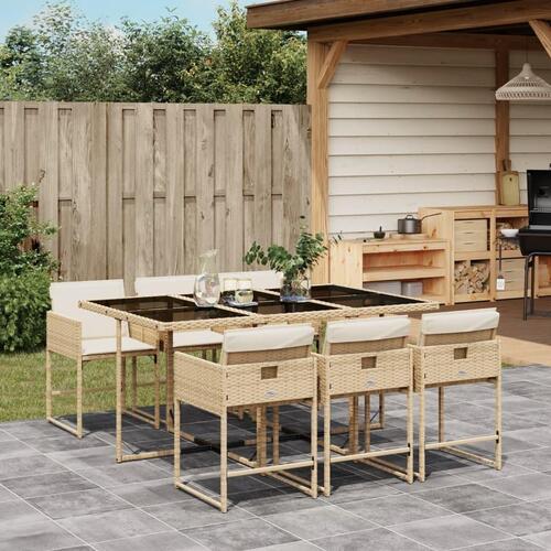 Spisebordssæt til haven 7 dele med hynder polyrattan beige