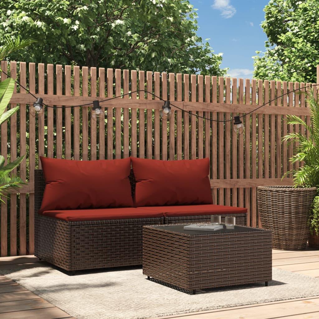 Loungesæt til haven 3 dele med hynder polyrattan brun