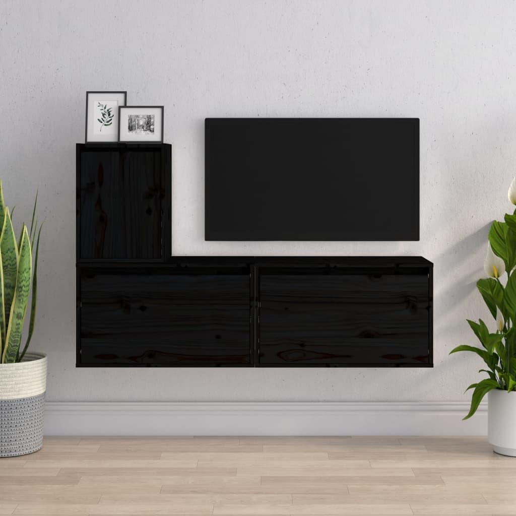 Tv-skabe 3 dele massivt fyrretræ sort