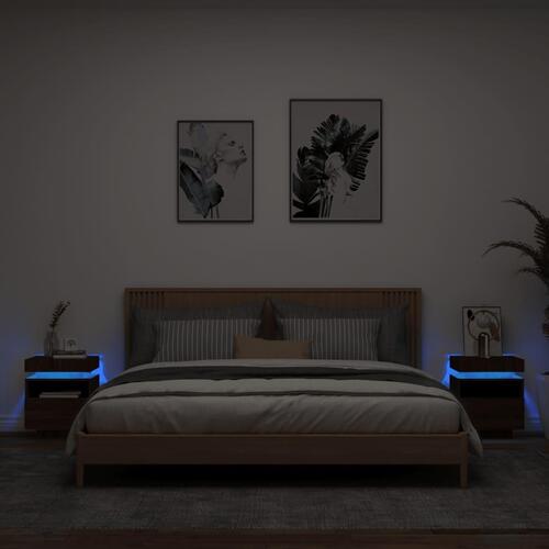 Sengeborde 2 stk. med LED-lys 40x39x48,5 cm brun egetræsfarve