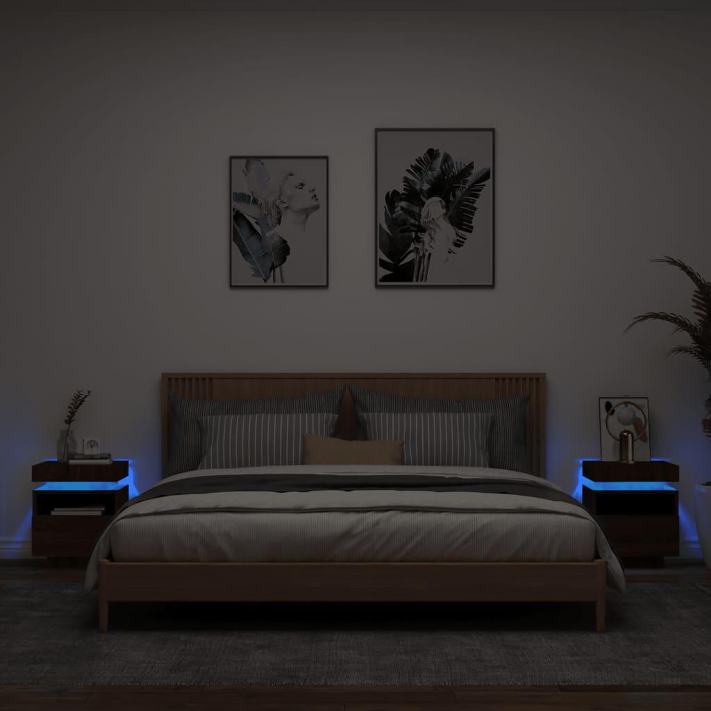 Sengeborde 2 stk. med LED-lys 40x39x48,5 cm brun egetræsfarve