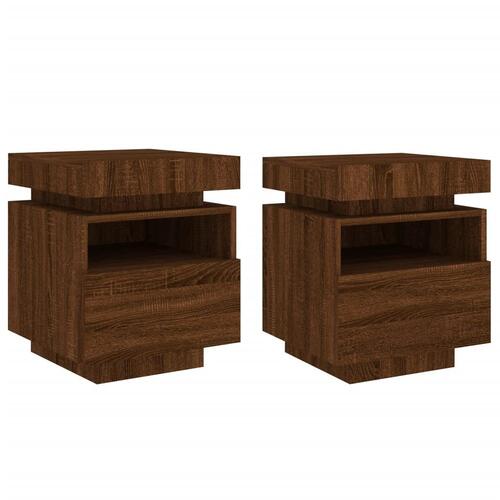 Sengeborde 2 stk. med LED-lys 40x39x48,5 cm brun egetræsfarve