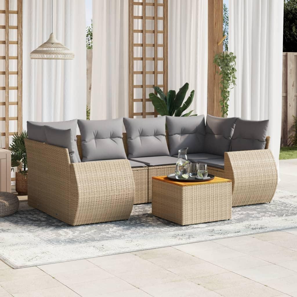 Havesofasæt i polyrattan - 7 dele med hynder, beige