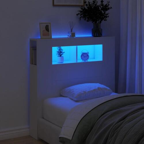Sengegavl med LED-lys 100x18,5x103,5 cm konstrueret træ hvid