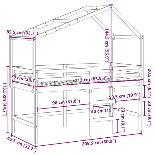 Højseng med stige og tag 80x200 cm massivt fyrretræ hvid