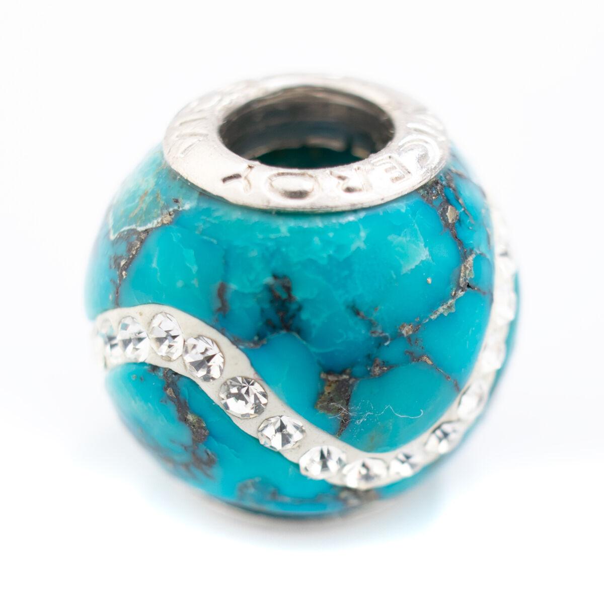 Charm - sølvfarvet perle, turkisblå, 1 cm