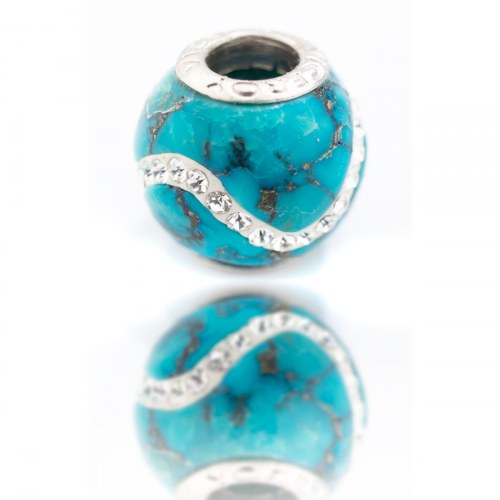Charm - sølvfarvet perle, turkisblå, 1 cm