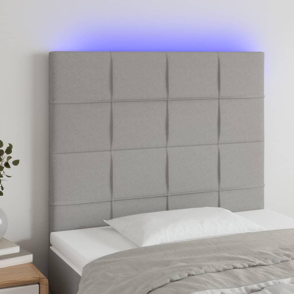Sengegavl med LED-lys 90x5x118/128 cm stof lysegrå