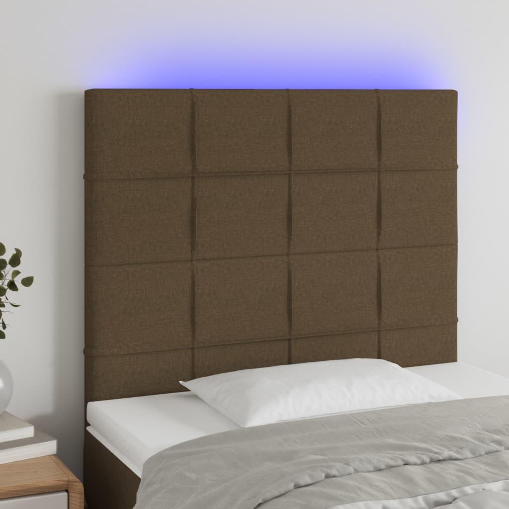 Sengegavl med LED-lys 90x5x118/128 cm stof mørkebrun billede