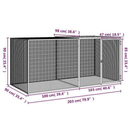 Hønsebur med tag 203x98x90 cm galvaniseret stål lysegrå