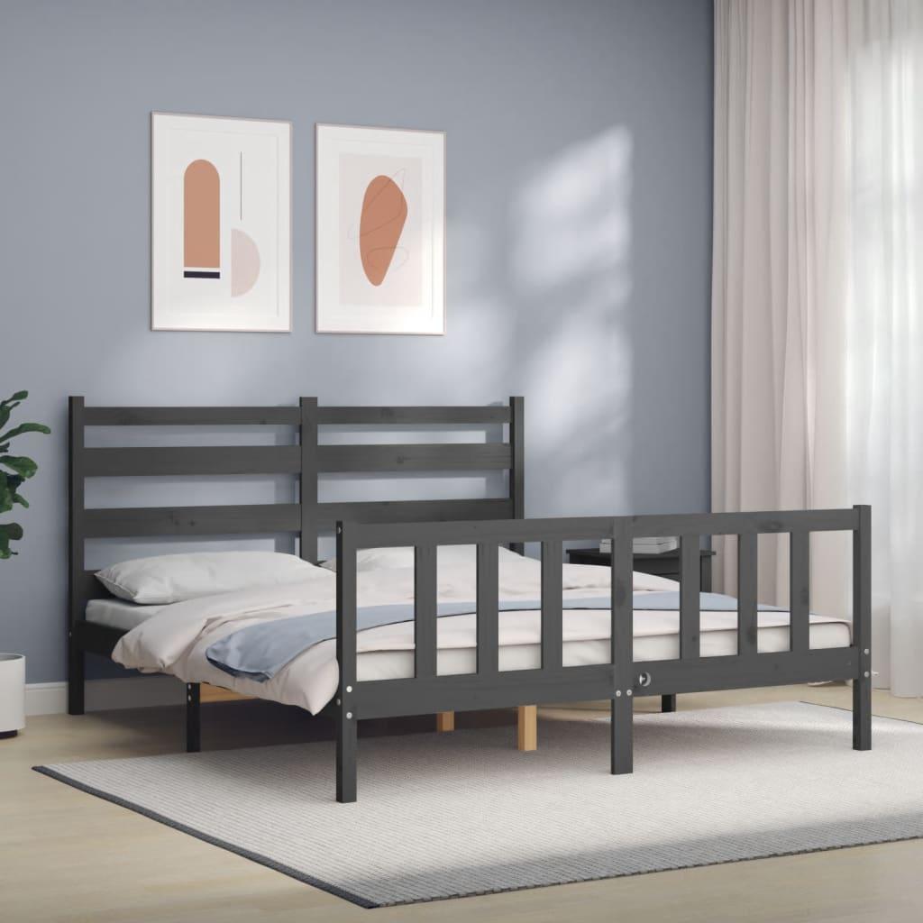 Sengeramme med sengegavl kingsize massivt træ grå
