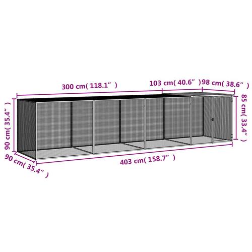 Hønsebur med tag 403x98x90 cm galvaniseret stål lysegrå