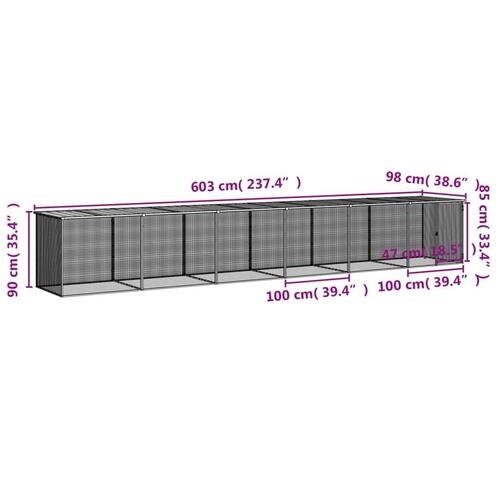 Hønsebur med tag 603x98x90 cm galvaniseret stål lysegrå