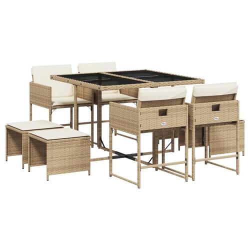 Spisebordssæt til haven 9 dele med hynder polyrattan beige