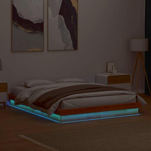 Sengeramme med LED-lys 160x200 cm massivt fyrretræ gyldenbrun