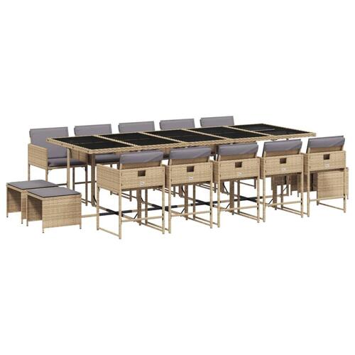 Spisebordssæt til haven 15 dele med hynder polyrattan beige