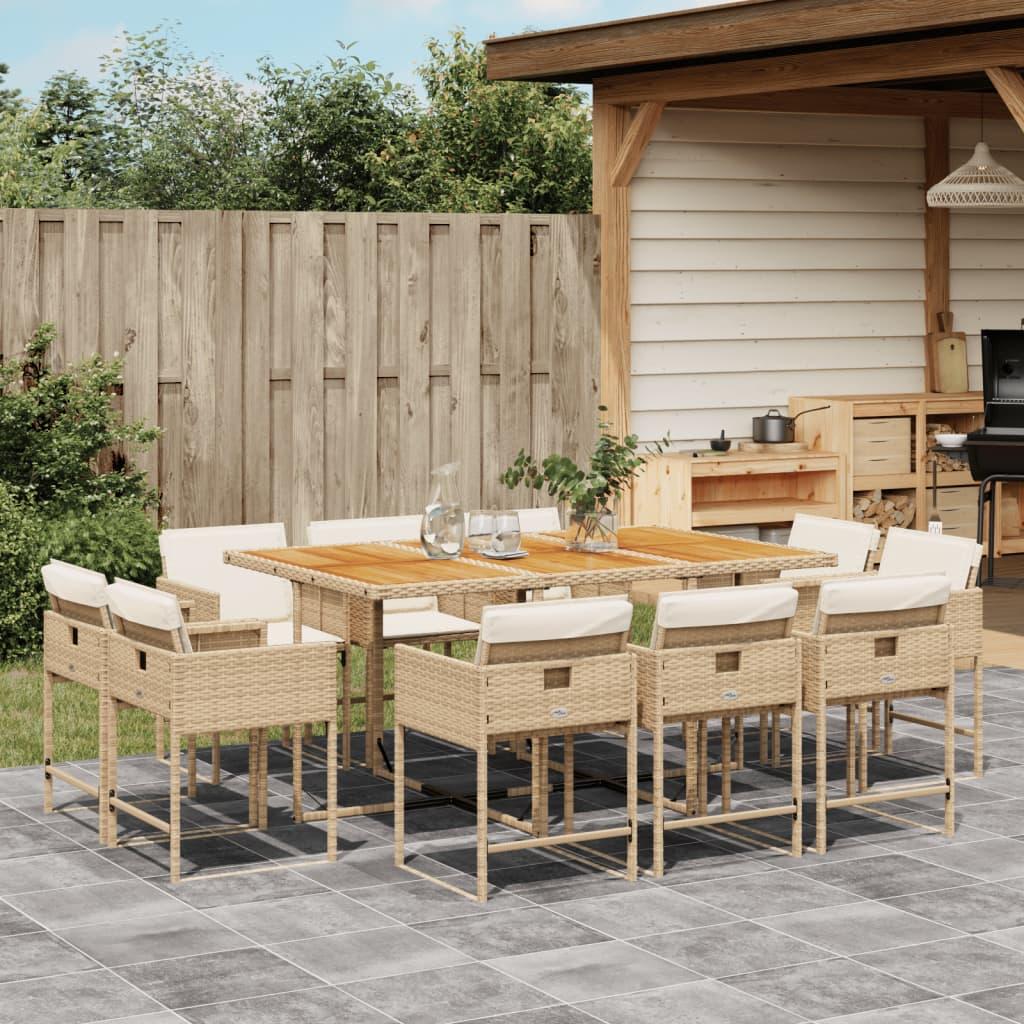Spisebordssæt til haven 11 dele med hynder polyrattan beige
