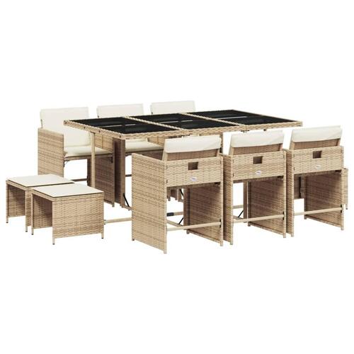 Spisebordssæt til haven 11 dele med hynder polyrattan beige