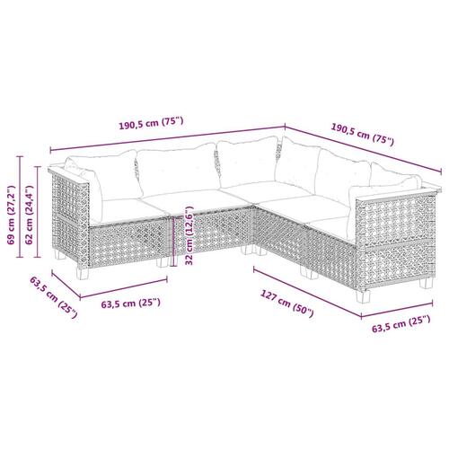 Sofasæt 5 dele med hynder polyrattan grå