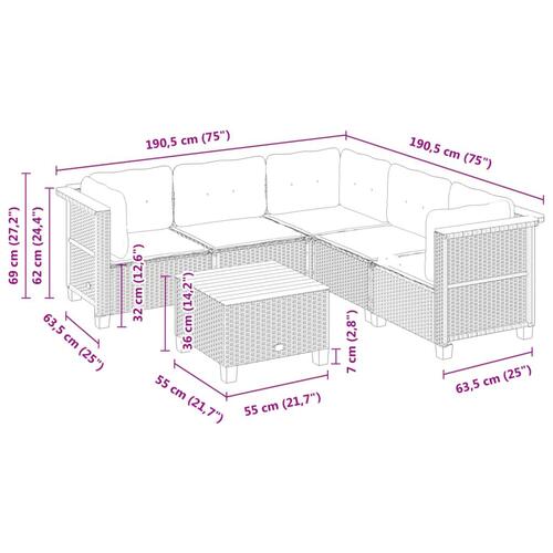 Sofasæt til haven 6 dele med hynder polyrattan sort