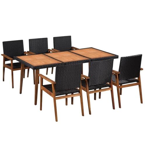 Udendørs spisebordssæt 7 dele polyrattan sort og brun
