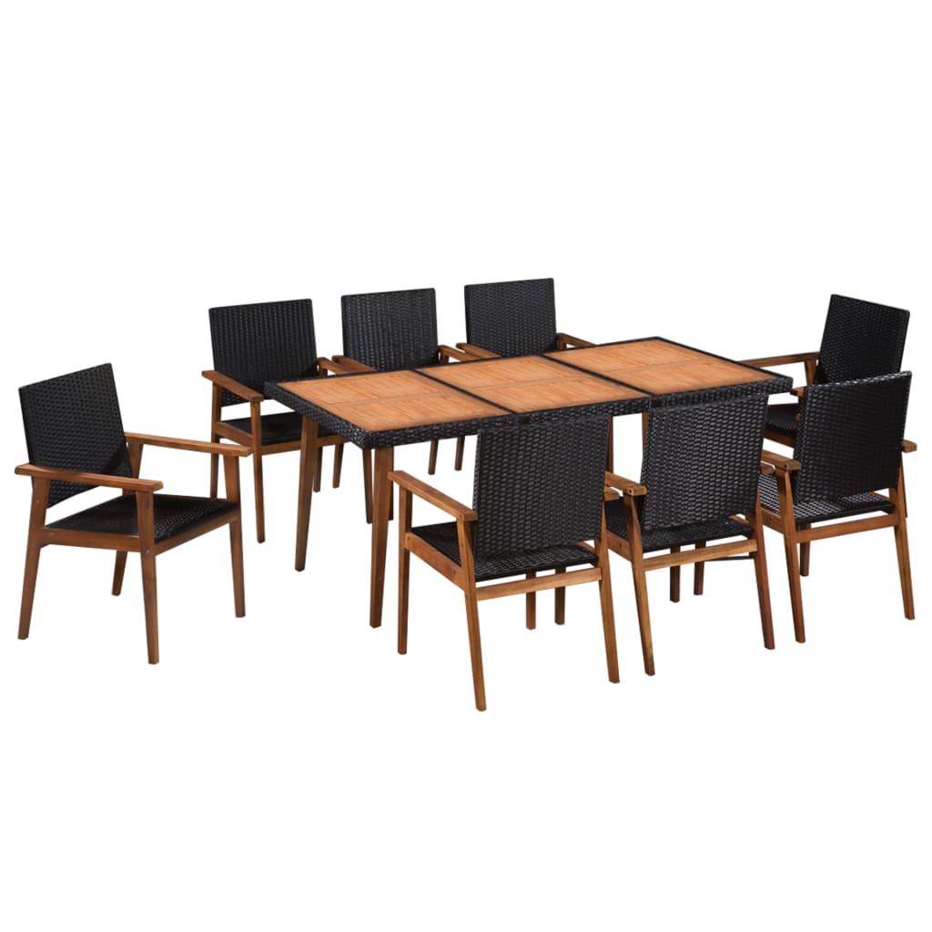 Udendørs spisebordssæt 9 dele polyrattan sort og brun