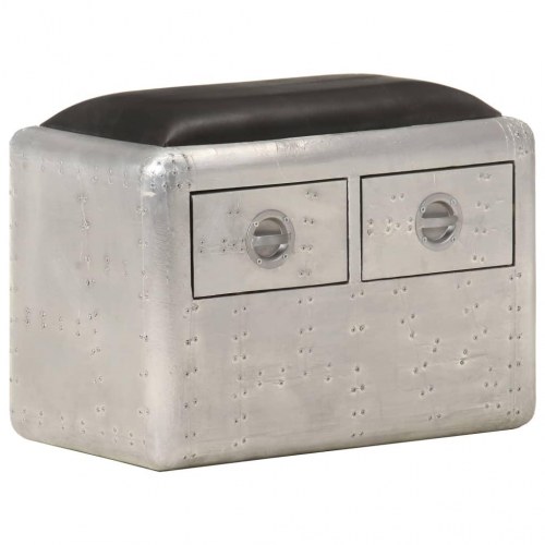 Aviator-bænk 59 cm ægte læder sølvfarvet og sort