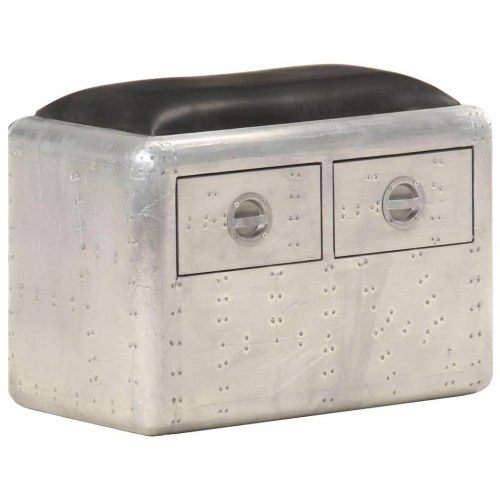 Aviator-bænk 59 cm ægte læder sølvfarvet og sort