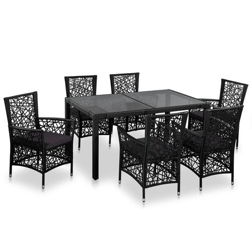 Udendørs spisebordssæt 7 dele polyrattan sort