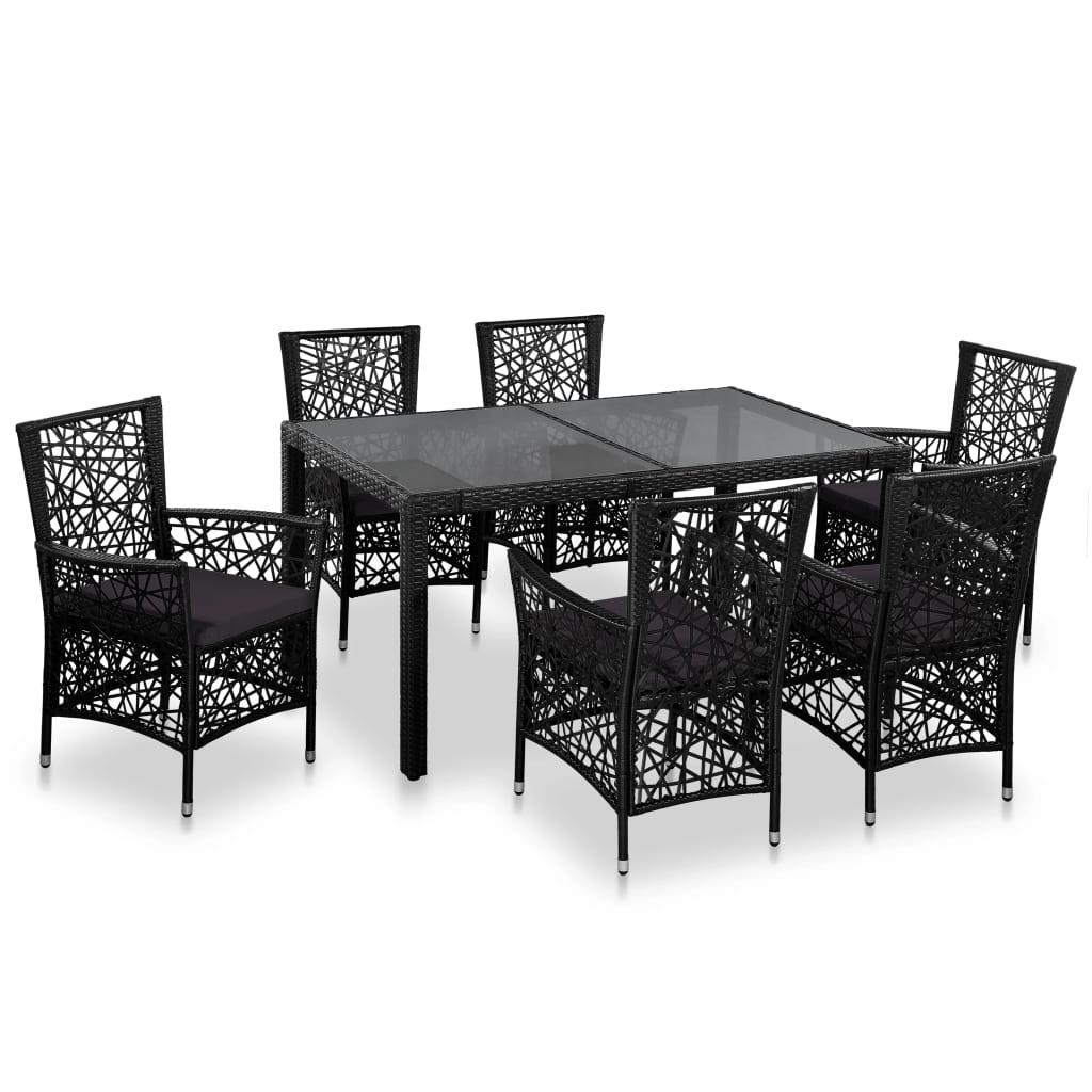 Udendørs spisebordssæt 7 dele polyrattan sort