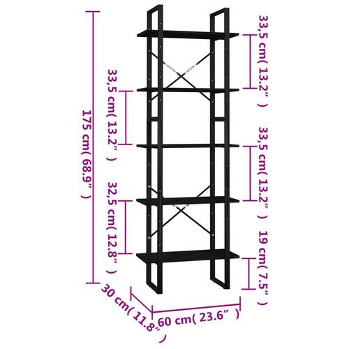 Bogreol 60x30x175 cm 5 hylder massivt fyrretræ sort