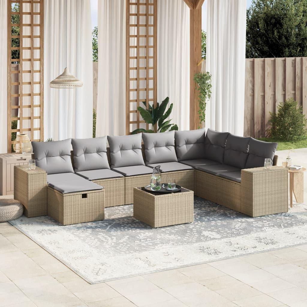 Spisebordssæt til haven 9 dele med hynder polyrattan beige