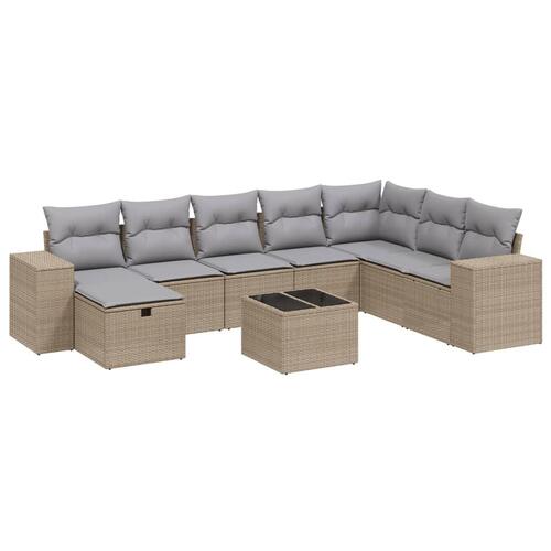 Spisebordssæt til haven 9 dele med hynder polyrattan beige