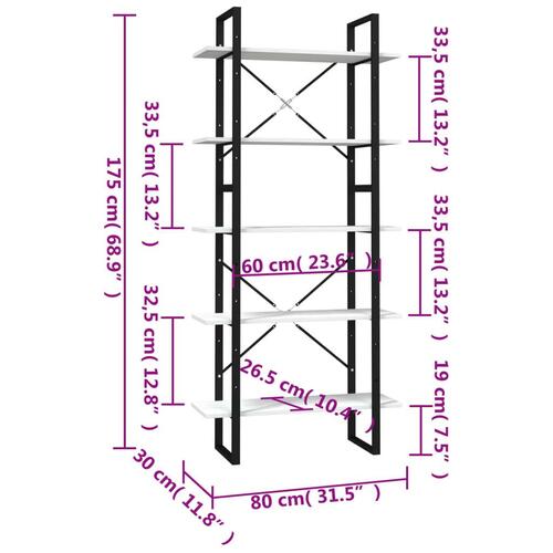 Bogreol med 5 hylder 80x30x175 cm massivt fyrretræ hvid