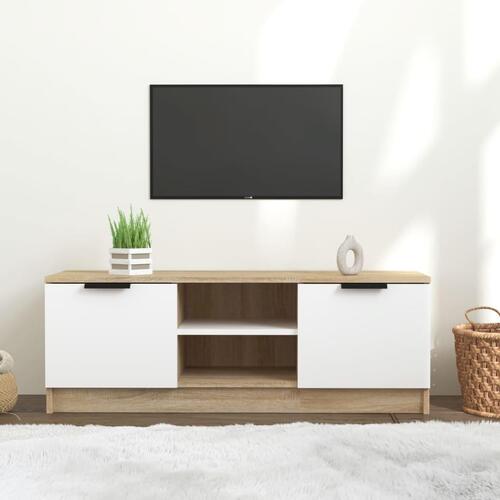 Tv-bord 102x35x36,5 cm konstrueret træ hvid og egetræsfarvet