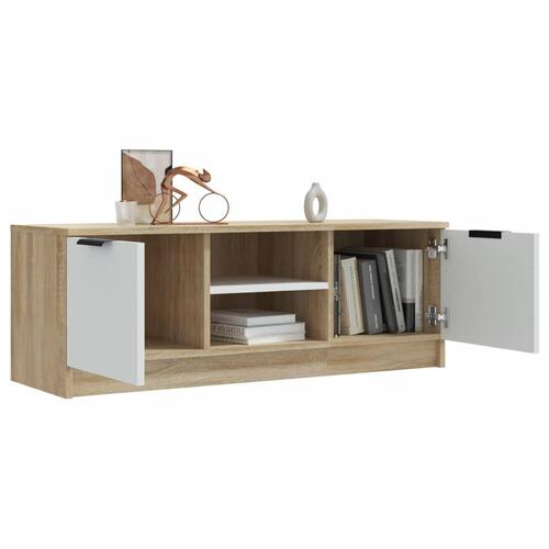 Tv-bord 102x35x36,5 cm konstrueret træ hvid og egetræsfarvet