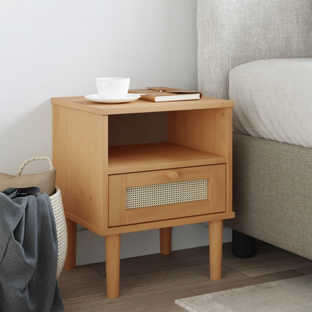 Sengebord SENJA rattanlook 40x35x48 cm massivt fyrretræ brun billede