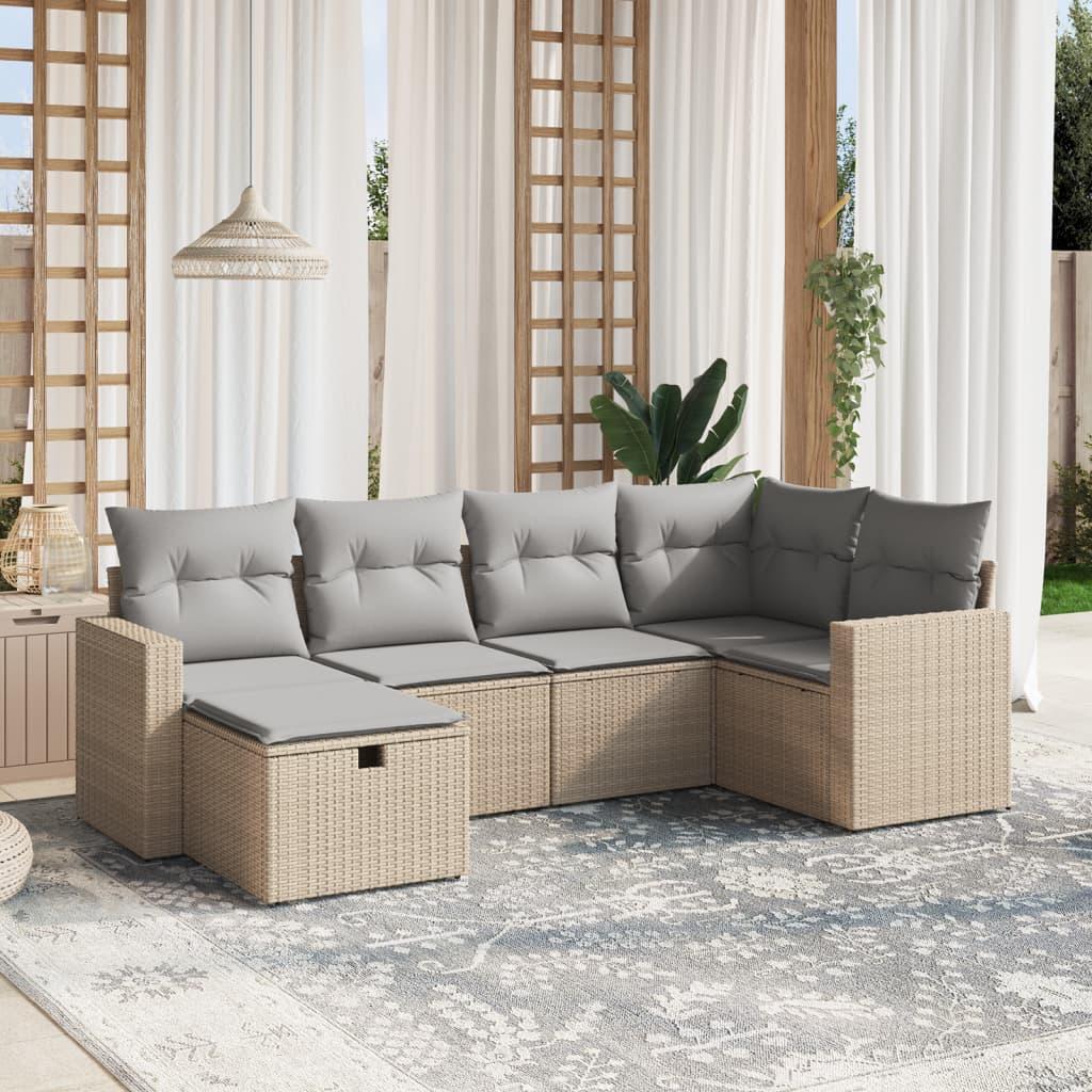 Havesofasæt 6 dele med hynder polyrattan beige
