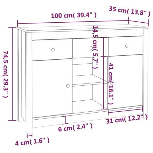 Skænk 100x35x74,5 cm massivt fyrretræ hvid