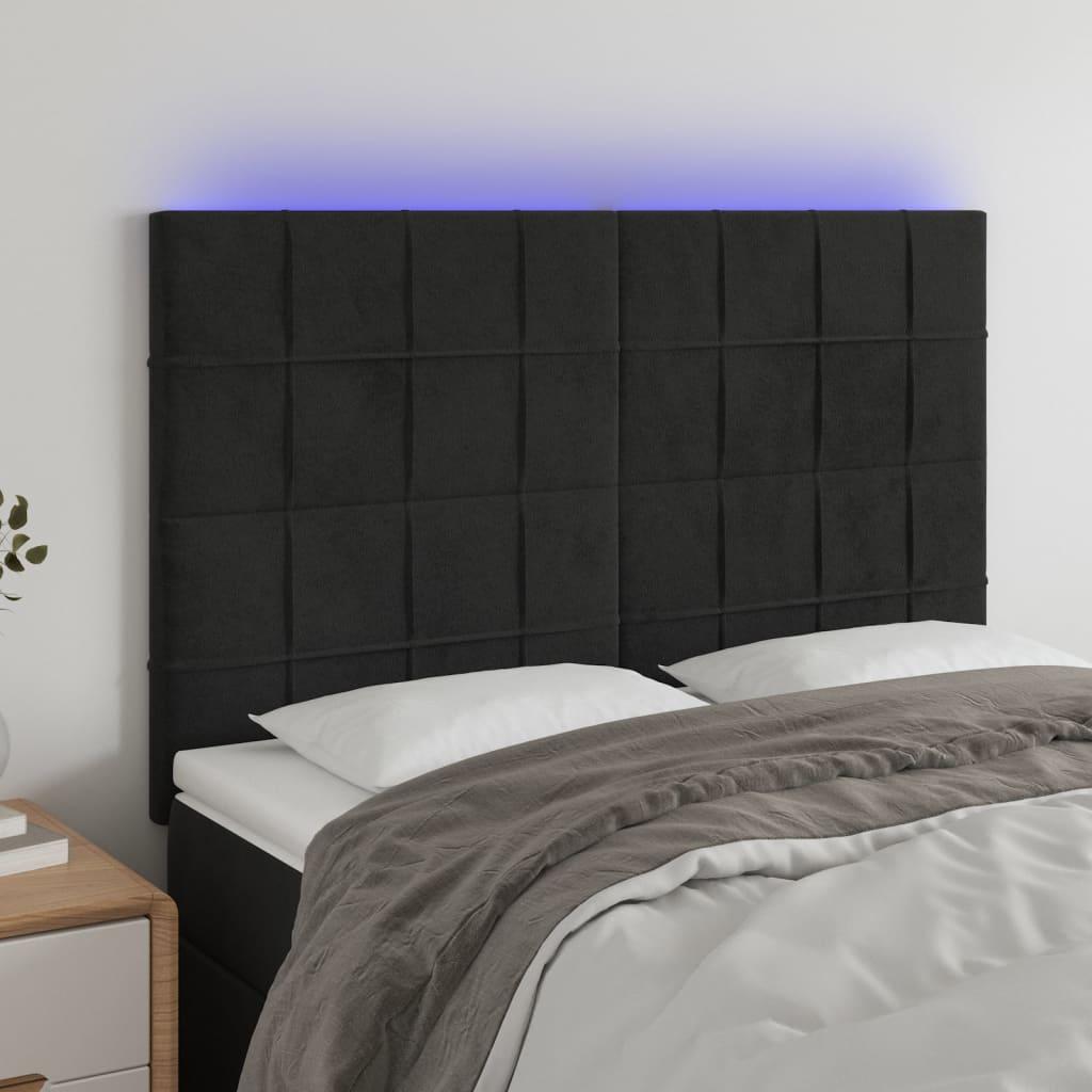Sengegavl med LED-lys 144x5x118/128 cm fløjl sort billede