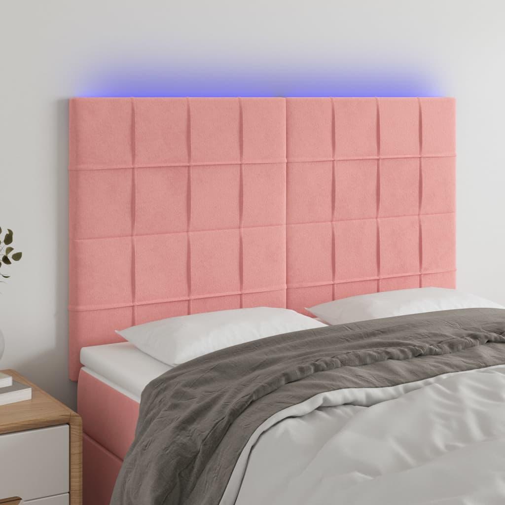 Sengegavl med LED-lys 144x5x118/128 cm fløjl lyserød billede