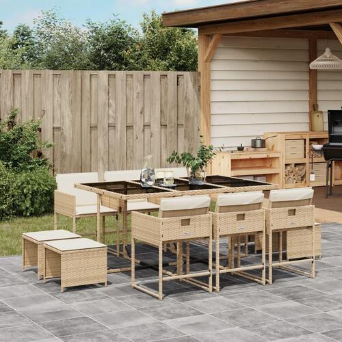 Spisebordssæt til haven 11 dele med hynder polyrattan beige