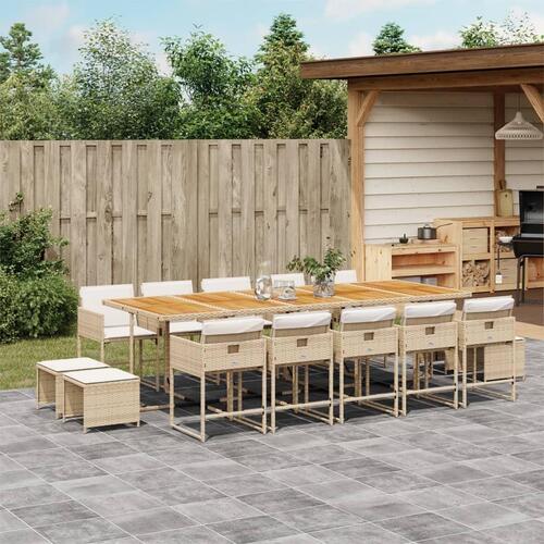 Spisebordssæt til haven 15 dele med hynder polyrattan beige