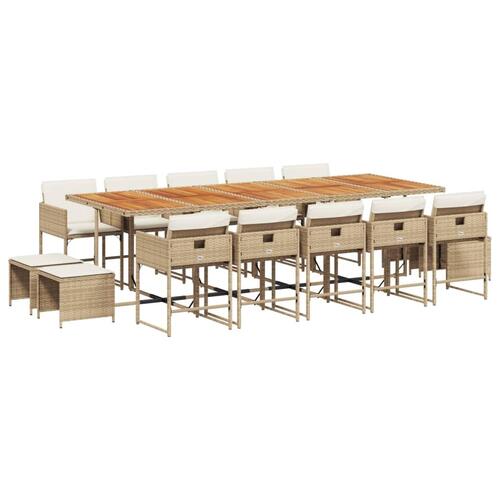 Spisebordssæt til haven 15 dele med hynder polyrattan beige