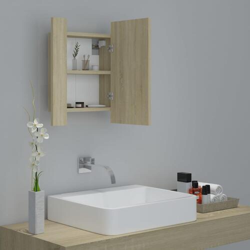 Badeværelsesskab m. spejl og LED-lys 40x12x45cm akryl sonoma-eg