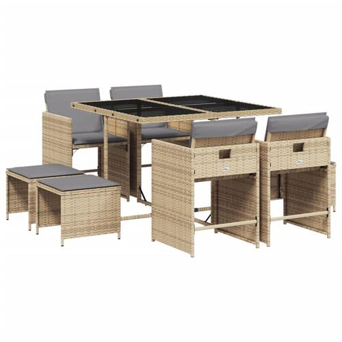 Spisebordssæt til haven 9 dele med hynder polyrattan beige
