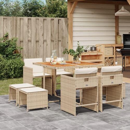 Spisebordssæt til haven 9 dele med hynder polyrattan beige