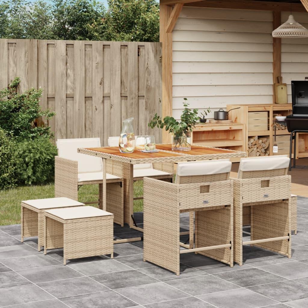 Spisebordssæt til haven 9 dele med hynder polyrattan beige