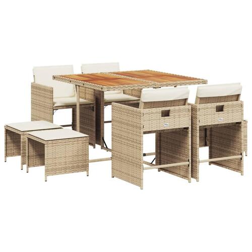 Spisebordssæt til haven 9 dele med hynder polyrattan beige